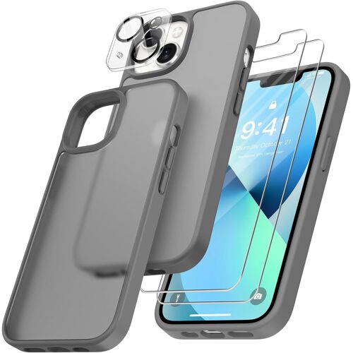 TZF-4 en 1 Coque pour iPhone 13 avec 2 Verre Trempé et 1 Caméra Protecteur, [Protection Militaire] Antichoc Antirayures Etui Translucide Mat Protection Housse pour iPhone 13, Gris