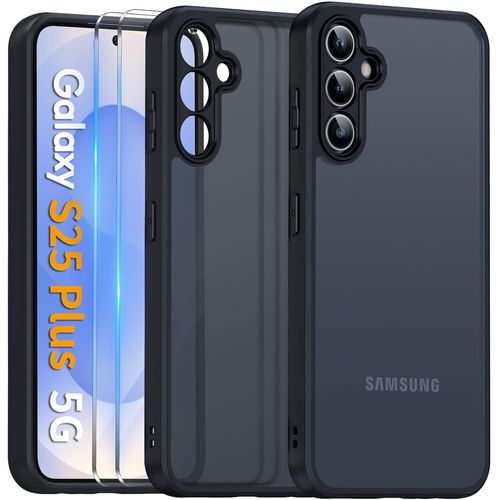 Eryi-Coque Mat Pour Samsung Galaxy S25+ Plus Avec Protection Caméra Et 2 Pièces Verre Trempé, Étui Arrière Translucide Givrée Mince Antichoc, Anti-Empreintes Digitales Housse, Noir