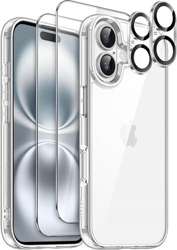 Coque 5 en 1 pour iPhone 16 6,1 Pouces avec 2 Protection D'écran en Verre Trempé et 2 Protecteur d'Objectif Caméra, Étui Housse Antichoc Anti-Jaunissement (Transparente)