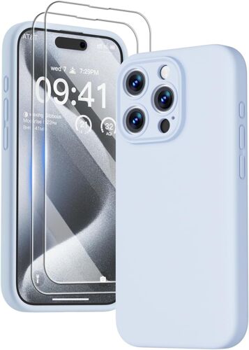 Mab-3 En 1 Coque Iphone 15 Pro Silicone Liquide - Avec 2 Verre Trempé - Étui Protection Précise De Caméra [Résistant Aux Rayures] [Antidérapant] Iphone 15 Pro Case 6.1"", Bleu Ciel