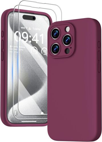 KALANKA-3 en 1 Coque iPhone 15 Pro Silicone Liquide - avec 2 Verre Trempé - Étui Protection Précise de Caméra [Résistant aux Rayures] [Antidérapant] iPhone 15 Pro Case 6.1"", Vin Rouge