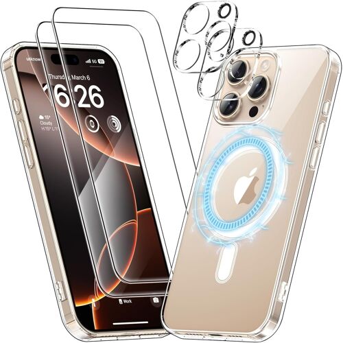 AEFJ-Coque pour iPhone 16 Pro Max avec 2 Verre Trempé et 2 Caméra Protecteur, Compatible avec MagSafe, 5 en 1 Magnétique Étui Aimantée de Protection Dos PC et Bumper TPU - Transparente