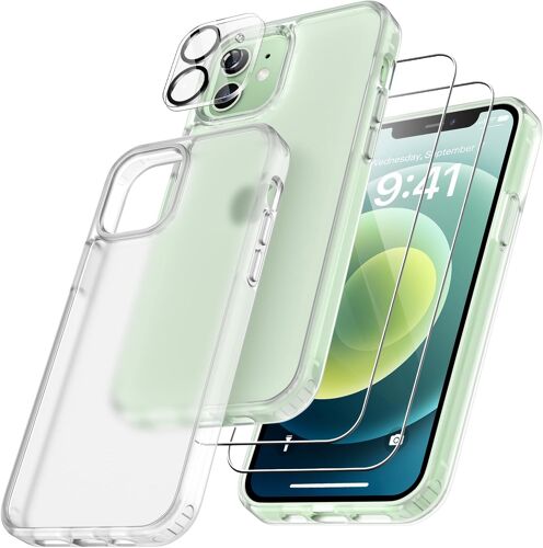 4 En 1 Coque Pour Iphone 12 Avec 2 Verre Trempé Et 1 Caméra Protecteur, [Coussin D'Air Intégré] Antichoc Antirayures Bumper Protection Housse Pour Iphone 12 6.1"", Blanc Mat