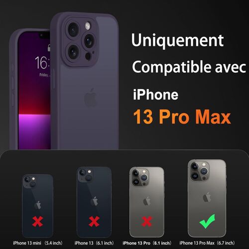 CHENG-Coque iPhone 13 Pro Max avec Objectif d'appareil Photo, Protection intégrale de qualité Militaire de 3 m, Protection Contre Les Chutes de Doigts avec Dos Mat Violet foncé