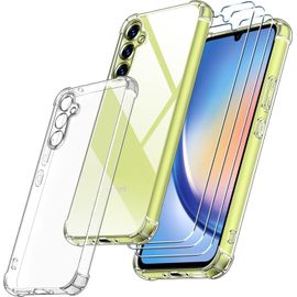 CAUC-Coque pour Samsung Galaxy A34 5G avec 3 Pièces Protection Écran en Verre Trempé, Transparent Étui de Protection en Silicone Antichoc, Clair Mince Souple TPU Bumper Housse