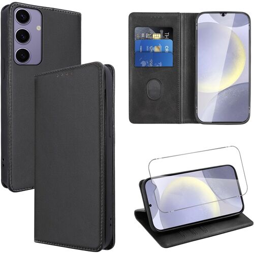 SJZG-Coque Cuir Pour Samsung Galaxy S24 Plus 6.7"" Avec 1 Verre Trempé Etui À Rabat En Pu Porte-Cartes Portefeuille Support Flip Housse Magnétique Antichoc Anti-Rayures Case,Noir