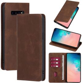 Coque Portefeuille Cuir Pu Pour Samsung Galaxy S10 Plus 6,4"" - Étui Rabat Magnétique, Porte-Cartes, Support Multi-Angle, Antichoc, Marron
