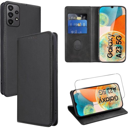 SUBZONAL-Coque Cuir pour Samsung Galaxy A23 5G 6.6"" avec 1 Verre Trempé Etui à Rabat en PU Porte-Cartes Portefeuille Support Flip Housse Magnétique Antichoc Anti-Rayures Case,Noir