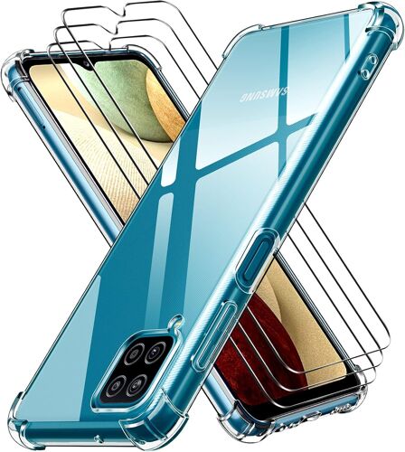 SJZG-Coque Pour Samsung Galaxy A12 / Samsung Galaxy M12 Avec 3 Pièces Protection Écran En Verre Trempé, Transparent Étui De Protection En Silicone Antichoc, Mince Souple Tpu Bumper Housse