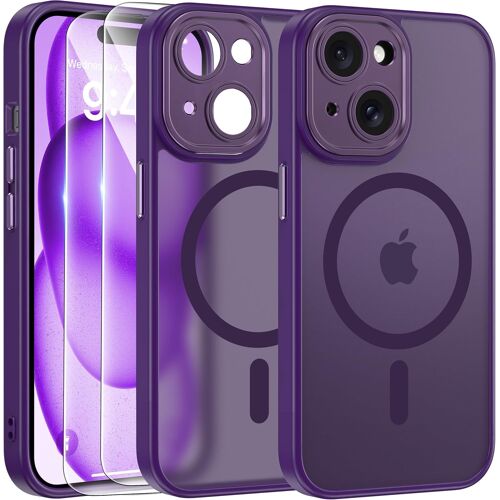 KALANKA-Magnétique Coque pour iPhone 15 avec 2 Verre Trempé, Compatible avec MagSafe, Protection d'objectif Tout Compris, Etui Mat Arrière Housse Fine Antichoc Case iPhone 15 6.1"", Violet Foncé
