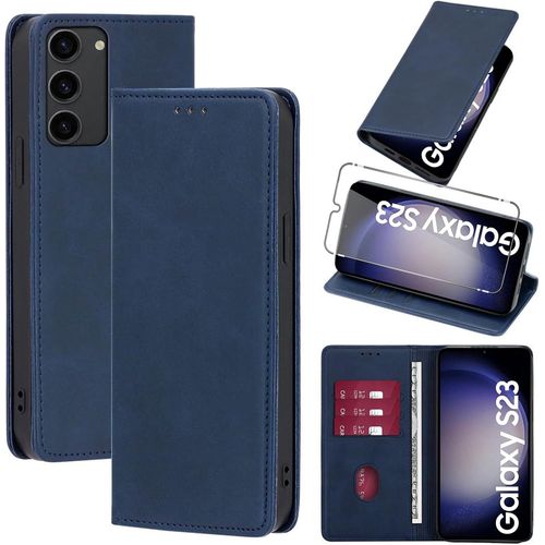 Étui Portefeuille Cuir Pu Pour Samsung Galaxy S23 5g 6,1 Pouces - Coque Tpu Anti-Chocs, 3 Emplacements Pour Cartes, Support Pliable + Verre Trempé - Bleu