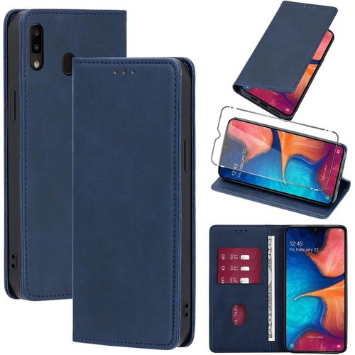 Étui Portefeuille En Cuir Synthétique Pour Samsung Galaxy A20e (5,8 Pouces) - Verre Trempé Inclus, Porte-Cartes, Support Multi-Angle, Fermeture Magnétique Et Protection Antichoc - Bleu