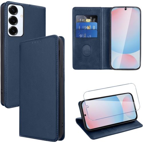 Kal-Coque Cuir Pour Samsung Galaxy S24 Fe 5g Avec 1 Verre Trempé Etui À Rabat En Pu Porte-Cartes Portefeuille Support Flip Housse Magnétique Antichoc Anti-Rayures Case,Bleu