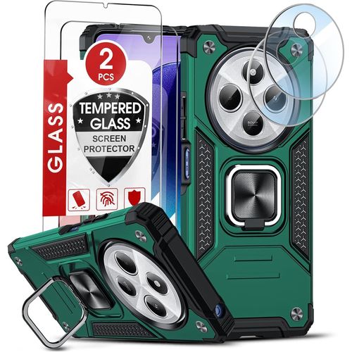 Coque Pour Xiaomi Redmi 14c 4g Avec 2 Verre Trempé Vitre Protection, 2 Protection Camera Et Anneau Telephone, Militaire Pc Et Tpu Silicone Etui Antichoc Housse Pour Redmi 14c 4g - Vert