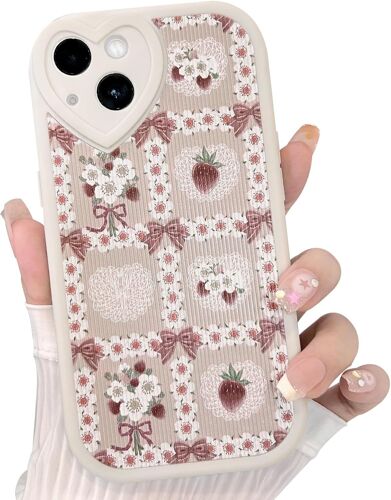 Coque pour iPhone 14 Mignonne Fleur Noeud Floral Fraise Conception avec Lentille d'amour pour Femme Fille Doux Silicone Antichoc Étui Housse - Fleurs Noeud