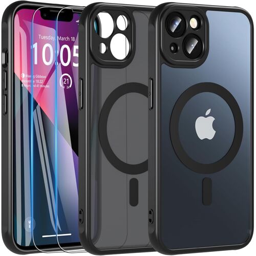 Magnétique Coque pour iPhone 13 avec 2 Verre Trempé, Compatible avec MagSafe, Protection Antichoc Coque Etui Mat Arrière Housse Case pour iPhone 13 6.1"" (Noir)