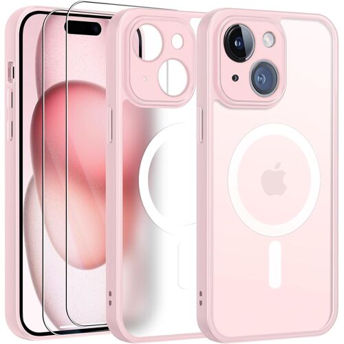 KALANKA-Magn¿¿tique Coque pour iPhone 15 avec 2 Verre Tremp¿¿, Compatible avec MagSafe, Protection d'objectif Tout Compris, Etui Translucide Mat Arri¿¿re Housse Fine Antichoc Case, Rose