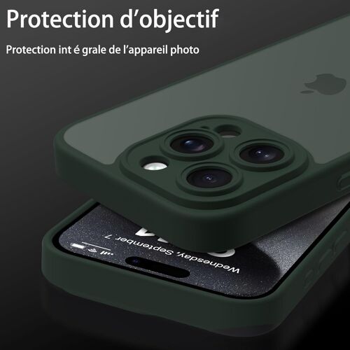Coque pour iPhone 15 Pro Max avec Objectif d'appareil Photo, Protection Anti-Chute de qualité Militaire de 3 m, Dos Mat Anti-Traces de Doigts, 6,7 Pouces - Vert foncé