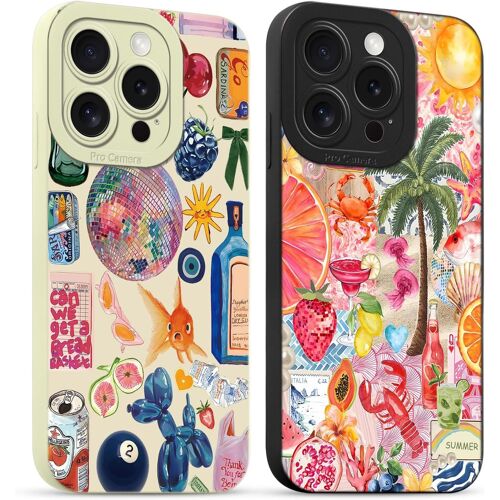 KALANKA-2 Pièces Coque pour iPhone 16 Pro 6,3 Pouces, Etui Silicone avec Collage Aesthetic Motif Design, Caméra de Protection Case Antichoc Housse pour Femme Ultra Fine TPU Étui Souple