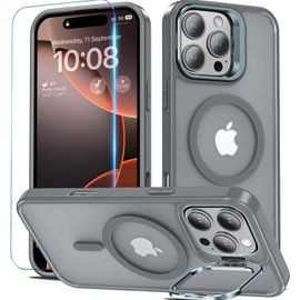 SJZG-Coque Pour Iphone 16 Pro Max, Compatible Avec Magsafe Avec Verre Trempé, Magnétique Coque Avec Caméra Béquille Antichoc Protection Etui Housse Case Pour Iphone 16 Pro Max (Gris)