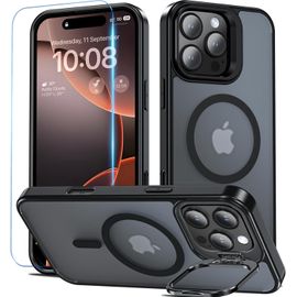 SJZG-Coque Pour Iphone 16 Pro Max, Compatible Avec Magsafe Avec Verre Trempé, Magnétique Coque Avec Caméra Béquille Antichoc Protection Etui Housse Case Pour Iphone 16 Pro Max (Noir)