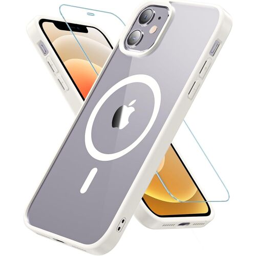 TRAHOO-Coque pour iPhone 12/iPhone 12 Pro avec Verre Trempé, Magnétique Coque Compatible avec MagSafe, Antichoc Protection Etui Transparente Arrière Housse pour iPhone 12/iPhone 12 Pro (Blanc)
