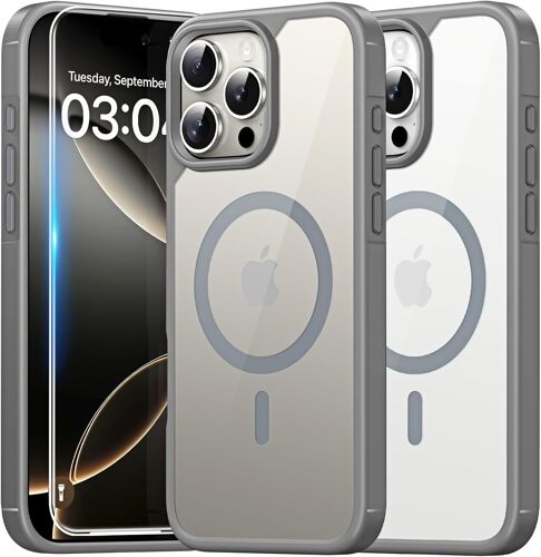 NSIECD-Coque Magnétique pour iPhone 16 Pro Max[Protection Militaire] avec Protection D'écran en Verre Trempé [Compatible avec MagSafe] -Coque Mince 6,9 Pouces-Gris