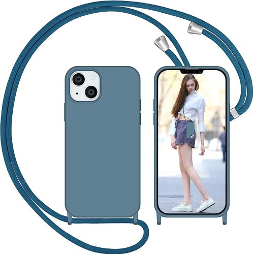 Coque Avec Cordon Pour Iphone 13, Liquide Silicone Coque Collier Réglable Téléphone Étui Portable Lanyard Case Protection Complète Cover De Iphone 13(Bleu Brique)[CAR780681]