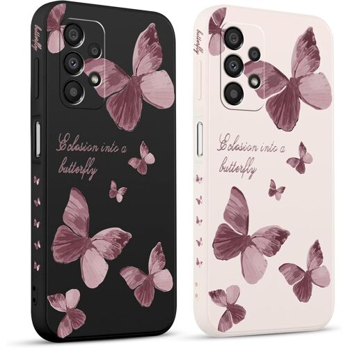 TRAHOO-2 Pièces Coque pour Samsung Galaxy A33 5G 6,4"", Etui avec Violet Pente Papillon Mignon Amusante Peint Dessin Latéral Case Souple Silicone Housse Téléphone en Souple Fille Cover