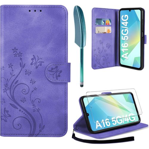 JGD-Coque en cuir Compatible avec Samsung Galaxy A16 5G/4G Housse et film de protection, portefeuille à rabat en cuir PU avec fentes pour cartes Coque de protection Compatible avec Samsung Galaxy