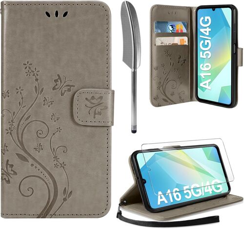 Coque Compatible Avec Samsung Galaxy A16 5G / 4G, Retro Design Pu Etui Housse En Cuir Portefeuille De Protection Fonction Stand Video Porte Carte Credit Ticket Flip Case Gris