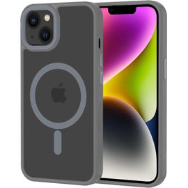 Coque iPhone 14 Magnétique Compatible MagSafe - Dos PC Mat Translucide, Bumper TPU Antichoc Anti-rayures, Rebord Élevé Protection Écran & Caméra - Gris