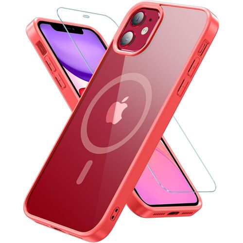 JGD-Coque pour iPhone 11 avec MagSafe, Magnétique Coque iPhone 11 avec Verre Trempé Protection Écran, Antichoc Militaire Protection Etui Transparente Arrière Housse Case pour iPhone 11 (Rouge)