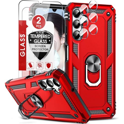 MDY-Coque pour Samsung Galaxy A05S(Pas A05) avec 2 Verre Trempé et 2 Protection Camera, Anneau Support Militaire Anti-Chute Bumper Antichoc Rigide Armure Housse Etui pour Samsung A05S Rouge