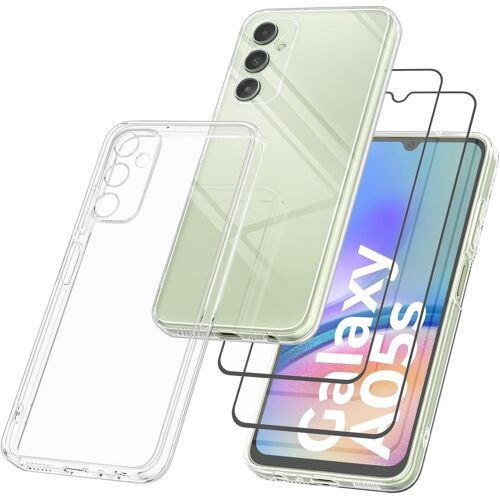 Samsung Galaxy A05s Case with 2 Pieces Tempered Glass Screen Protector, Silicone Protective Phone Case with Fibre Lining, Tempered Glass Anti-Scratch Bubble-Free (Transparent)