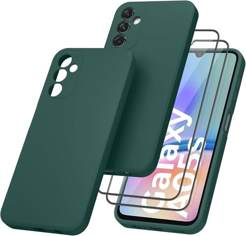 Samsung Galaxy A05s Case with 2 Pieces Tempered Glass Screen Protector, Silicone Protective Phone Case with Fibre Lining, Tempered Glass Anti-Scratch Bubble-Free (Dark Green)