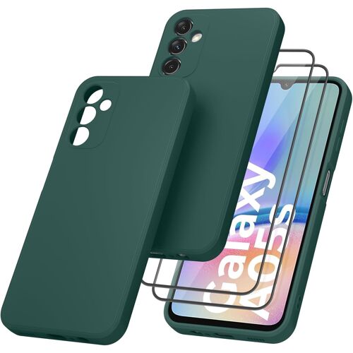 ELVORIX-Coque pour Samsung Galaxy A05s avec 2 Pièces Protecteur D'écran en Verre Trempé, Coque de Protection en Silicone avec Doublure en Fibre, Verre Trempé Anti-Rayures sans Bulles (Vert Foncé)