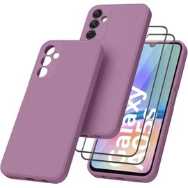 CAUC-Coque pour Samsung Galaxy A05s avec 2 Pièces Protecteur D'écran en Verre Trempé, Étui de Protection en Silicone avec Doublure en Fibre, Anti-Rayures sans Bulles (Rose Violet)