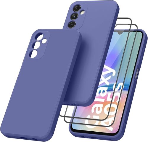 Coque Pour Samsung Galaxy A05S Avec 2 Pièces Protecteur D'Écran En Verre Trempé, Coque De Protection En Silicone Avec Doublure En Fibre, Verre Trempé Anti-Rayures Sans Bulles (Bleu Gris)
