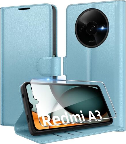 Coque Pour Xiaomi Redmi A3 + 1 Verre Trempé Protection Écran,[Housse Premium En Cuir Pu][Fentes Pour Cartes][Pochette De Portefeuille],Etui À Rabat Pour Redmi A3 - Bleu