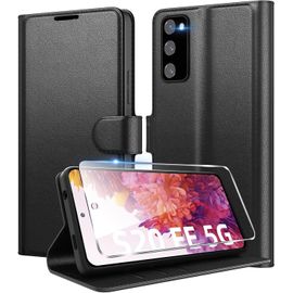 Sjzg-Coque Pour Samsung Galaxy S20 Fe 5g + 1 Verre Trempé Protection Écran,[Housse Premium En Cuir Pu][Fentes Pour Cartes][Pochette De Portefeuille],Etui À Rabat Pour Samsung S20 Fe - Noir
