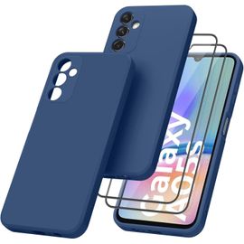 CAUC-Coque pour Samsung Galaxy A05s avec 2 Pièces Protecteur D'écran en Verre Trempé, Coque de Protection en Silicone avec Doublure en Fibre, Verre Trempé Anti-Rayures sans Bulles (Marine Bleu)