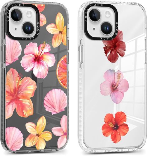 TZF-2 Pièces Coque pour iPhone 15 6,1'', Étui de Protection avec Aesthetic Design Fleur Hibiscus Motif, TPU Silicone Transparente Femme Fille Housse Etui Bumper Cover pour iPhone 15, Fleur