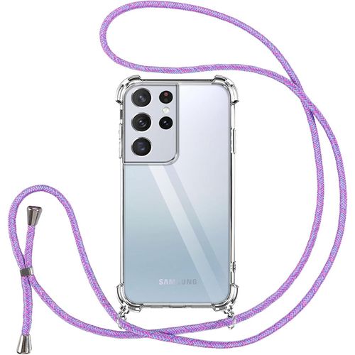 KAL-Collier Coque Pour Samsung Galaxy S21 Ultra 5G Avec Cordon, Transparent Silicone Tpu+Pc Bumper Protection Étui Housse Lanyard Avec Sangle Réglable Chaîne Case Pour Samsung S21 Ultra 5G, Violet
