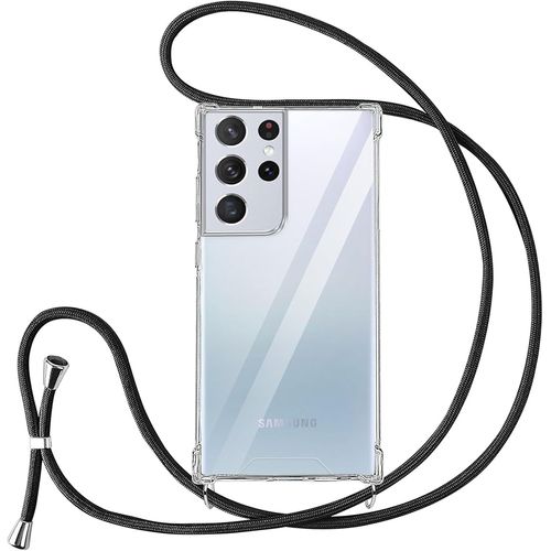 KAL-Coque Pour Samsung Galaxy S21 Ultra 5G Avec Cordon De Collier,Silicone Transparent Tpu+Pc Bumper Protection Étui Lanyard Avec Sangle Réglable Chaîne Case Pour Samsung S21 Ultra 5G