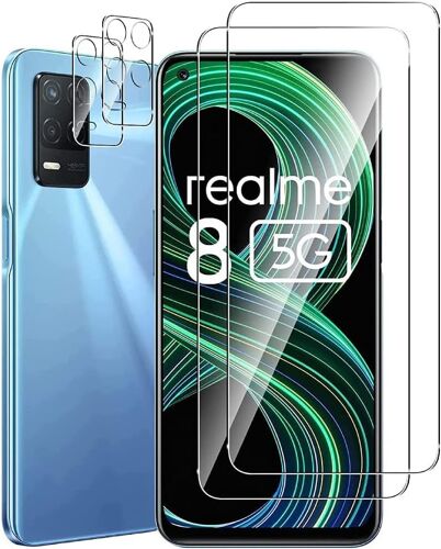 KAL-Dision [2 Pièces] Protecteur D'Écran Compatible Avec Oppo Realme 8 5G/Realme Narzo 30 5G + [2 Pièces] Protecteur D'Objectif De Caméra [Installation Facile,Hd Clear] Verre Trempé