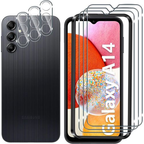 Lot 3+3 Pièces Verre Trempé Pour Samsung Galaxy A14 5g/4g + Protection Objectif Caméra Avec Cadre D'installation, 9h Anti-Rayures, Anti-Bulles Et Anti-Traces