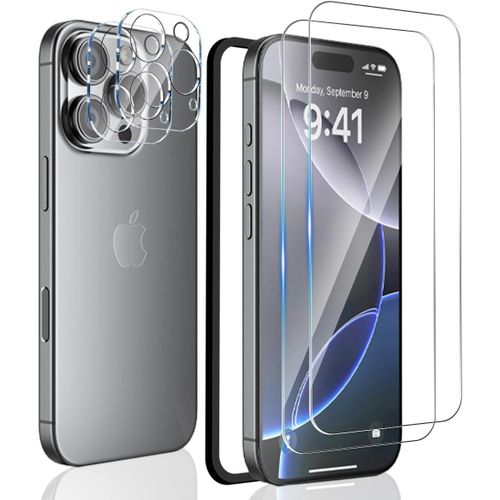 CAUC-Verre Trempé pour iPhone 16 Pro Protection écran[2 Pièces] + Caméra Arrière Protecteur [2 Pièces], 9H Dureté/sans Bulles/Anti Rayures, Film Protection écran pour iPhone 16 Pro