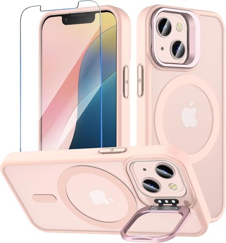 LORANKA-Coque pour iPhone 13/12 Mini avec Béquille Intégrée,Compatible avec MagSafe, Housse Militaire avec Protection Écran, Étui Magnétique Antichoc, Résistant Rayures, Translucide Rose