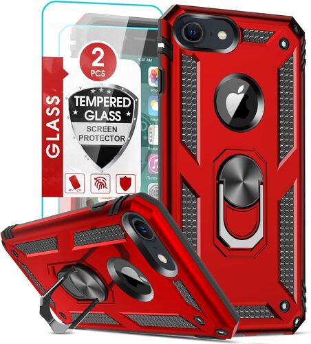KAL-Coque Pour Iphone Se3 2022/8/7/Se 2020/6/6S Avec 2 Verre Trempé, Anneau Support Militaire Anti-Chute Renforcée Bumper Antichoc Tpu Souple Et Pc Rigide Protection Etui Rouge